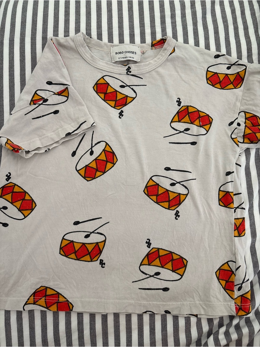 Bobo Choses White Tee with Red and Yellow Drum Print
